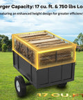 Heavy Duty Steel ATV UTV Dump Trailer With 750 Lb Capacity, 17 Cu Ft Tow, collapsible mesh sides loaded with firewood on lawn