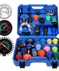 Heavy Duty 31 Piece Coolant Pressure Tester Kit With 23 Radiator Adapters And Blue Pump Gauge Vacuum Refill Tool in blue case.