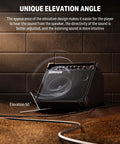 35-Watt Drum Amplifier With Dual 8-Inch Speakers For Jam Sessions 2-Channel Output 3-Band EQ DI Out Wireless Audio Black Finish Plays Electronic Drums And Keyboards Digital Modeling Amp in a studio setting showing unique elevation angle.
