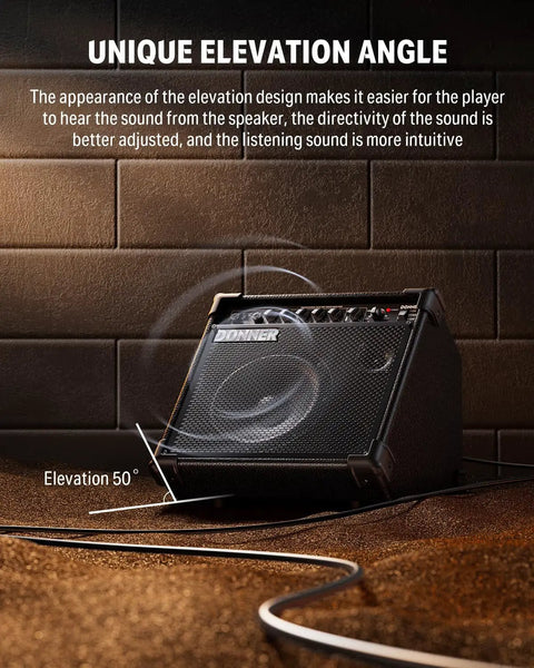 35-Watt Drum Amplifier With Dual 8-Inch Speakers For Jam Sessions 2-Channel Output 3-Band EQ DI Out Wireless Audio Black Finish Plays Electronic Drums And Keyboards Digital Modeling Amp in a studio setting showing unique elevation angle.