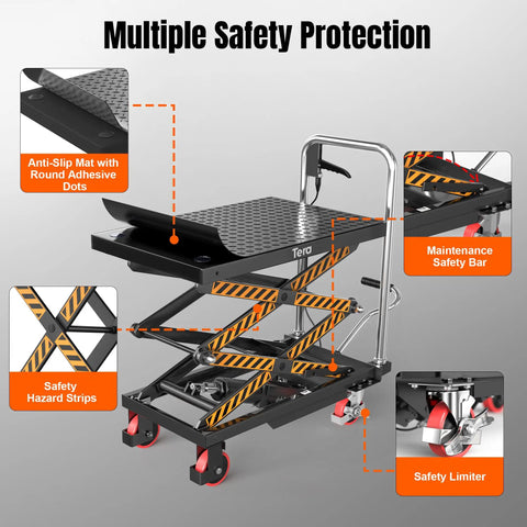Top Shelf Hydraulic Lift Table Cart Rated For 330 Pound Loads Double Scissor Workbench showing anti-slip mat and safety features.