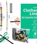 Travel Clothesline With 12 Colorful Clips And Waterproof Bag for indoor drying and outdoor camping, rope extends to 12 feet