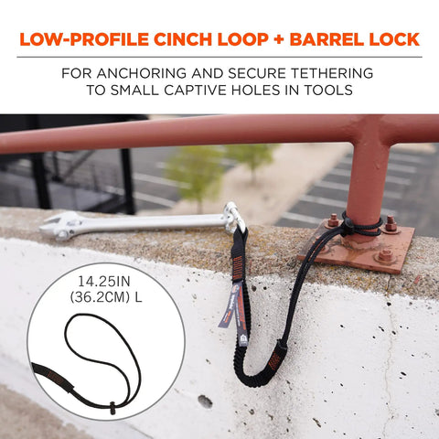 Squids 3105 Tool Lanyard With Aluminum Screw Lock Carabiner For No Snag Secure Attachment visible on a construction site rail