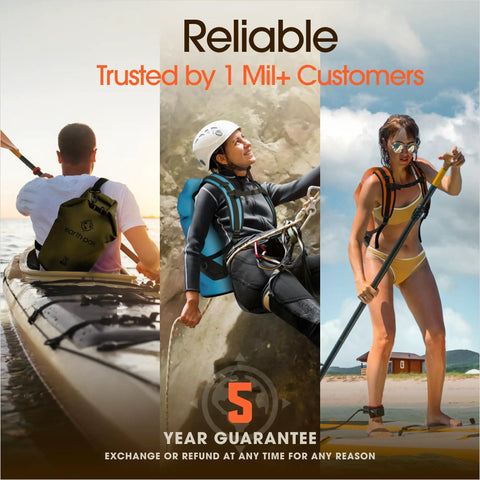 Roll Top Waterproof Dry Bag for Kayak Gear and Boat Essentials used by kayaker, climber, and hiker with IPX8 phone case.