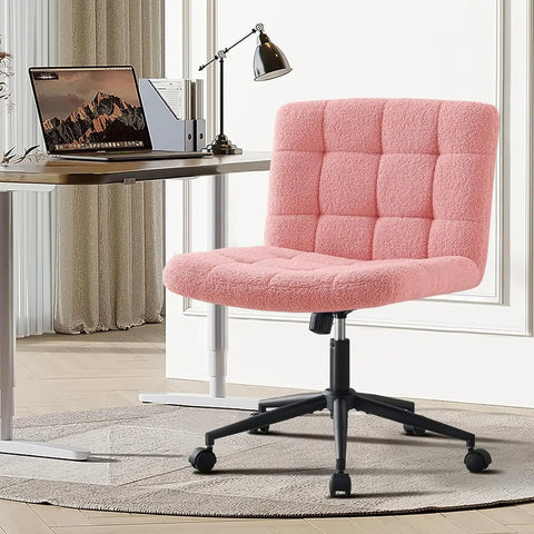 Swivel Criss Cross Legged Office Chair With Wheels For Home Office And Vanity Wide Armless Desk Chair Height Adjustable Cozy Padded Seat In Faux Fur Pink Ideal For Desk Bedroom next to desk