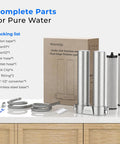 DST Under Sink Water Filter System For Cold Municipal Tap Water, stainless steel components, filter parts, and packaging