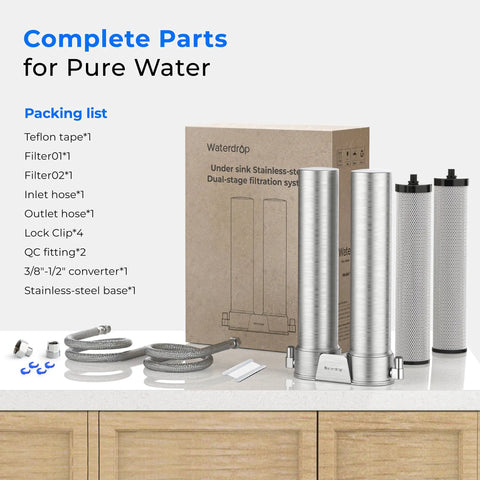 DST Under Sink Water Filter System For Cold Municipal Tap Water, stainless steel components, filter parts, and packaging