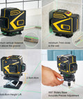 Floor Laser Level Self Leveling With 3x360 Green Beam Cross Lines for boss level squaring, shown on various surfaces.