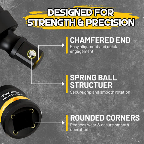 Impact Universal Joint Swivel Socket Set One Half Inch Three Eighth Inch One Quarter Inch Flexible Wobble Drive Kit Built To Last In Premium CR Mo Steel showing features like chamfered end, spring ball structure, and rounded corners.