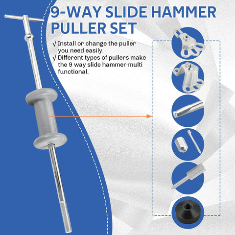 Front view of 9-Way Slide Hammer Puller Set, 19-Piece Wheel Hub Bearing Remover And Dent Shaft Gear Puller Tool Kit