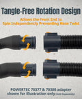 Powerful PowerTec 1-5/8 Inch Hose Adapter with Quick Connect Dust Collection Fitting displaying tangle-free rotation design.