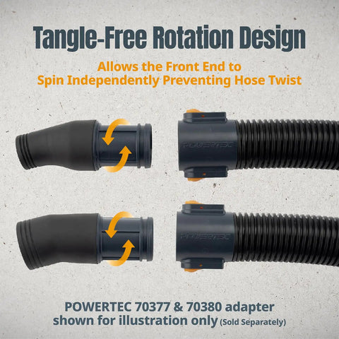 Powerful PowerTec 1-5/8 Inch Hose Adapter with Quick Connect Dust Collection Fitting displaying tangle-free rotation design.