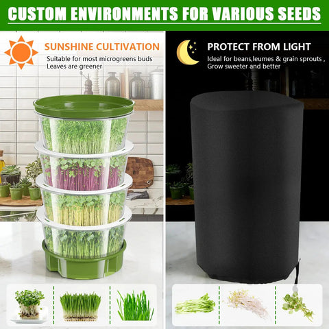 4-Tier Sprouts Growing Kit With Drain Hose And Ventilation Holes, Stackable Microgreens Sprouting Trays With Blackout Cover shown
