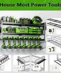 3 Layer Wall Mount Drill Organizer With 8 Slots Dope Tool Storage Rack For Garage Or Workshop Holds Drills Batteries Chargers And Small Tools Heavy Duty Perfect Gift For Him Dad Husband Fathers Day, shown with green tools mounted.