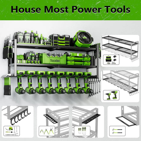 3 Layer Wall Mount Drill Organizer With 8 Slots Dope Tool Storage Rack For Garage Or Workshop Holds Drills Batteries Chargers And Small Tools Heavy Duty Perfect Gift For Him Dad Husband Fathers Day, shown with green tools mounted.