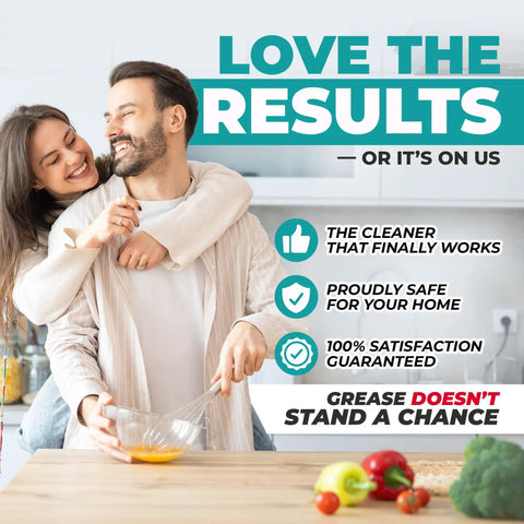 Couple in a kitchen discussing Kitchen Cabinet Cleaner Kit With Brush Knock Out Stubborn Grease And Grime On Wood And Painted Furniture.