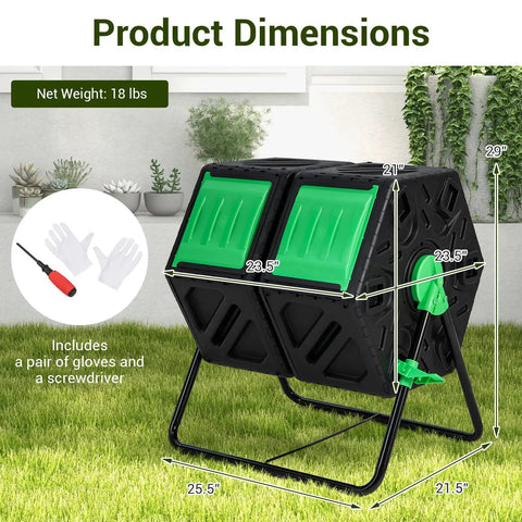 Dual Chamber Compost Tumbler With 34 Point 5 Gallon Capacity, Outdoor Rotating Composter with green sliding doors and frame