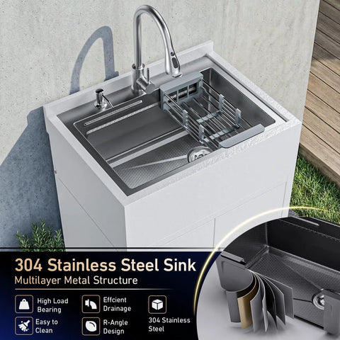 26-Inch Freestanding Stainless Steel Utility Sink With Cabinet, Heavy-Duty Workhorse Commercial Single-Bowl Sink With Faucet Installed