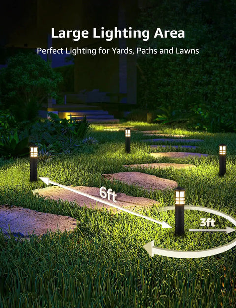 Lit 12 Pack Low Voltage Landscape Pathway Lights 3W LED 3000K illuminating a garden path in warm white lighting.
