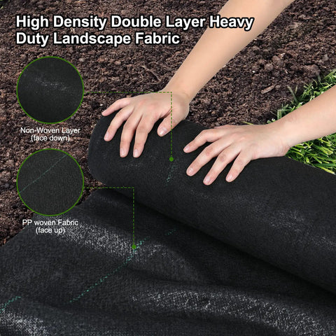 Hands installing Heavy Duty 5oz Weed Barrier Landscape Fabric Pro Grade Dual Layer Ground Cover in garden