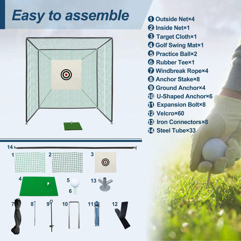 10x10x10 Ft Golf Practice Net Cage With Metal Frame Heavy Duty Hitting Net Kit for Backyard Indoor Outdoor includes target cloth