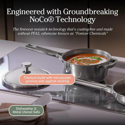 Mini Titanium Perfect Pot Pro 2.75 Qt Cooking Pot With Lid And Silicone Spoon, PFAS-Free No-Coating Nonstick, on stove
