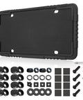 Silicone License Plate Frame With Anti Theft Screw Kit No Obstruction Anti Rattle Rust Proof Street Legal Universal Fit 6x12 Inch Plates For Pickup SUV RV Stainless M6 Screws, shown with components
