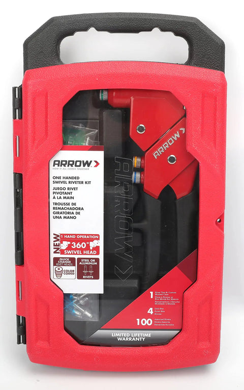 Swivel Head One-Hand Rivet Gun Kit in red case for metal and auto repair, includes 100 rivets, 4 drill bits, storage case