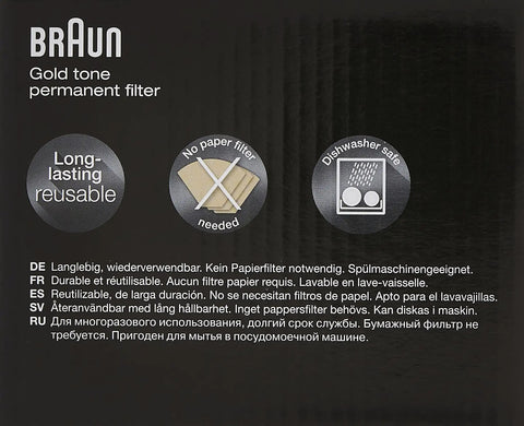 Gold tone permanent filter packaging with icons for long-lasting reusable, no paper filter needed, and dishwasher safe features.