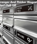 Magnetic Toolbox Labels Set With 82 Pre Printed And 8 Blank Labels For Quick Mess Free Organization in a Workshop on tool drawers