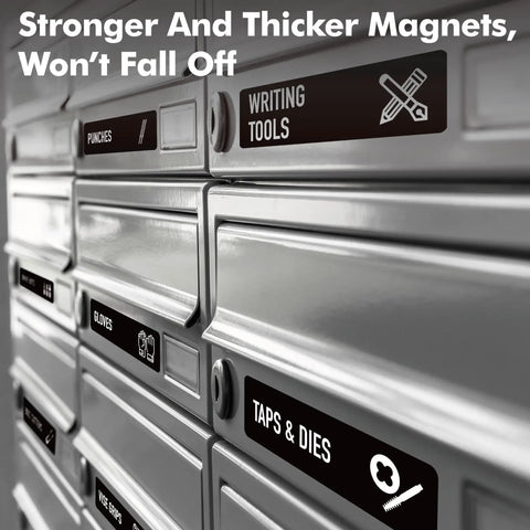 Magnetic Toolbox Labels Set With 82 Pre Printed And 8 Blank Labels For Quick Mess Free Organization in a Workshop on tool drawers