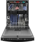 Hella Quiet And Super Spacious Top Control Dishwasher With Plastic Interior And Dry Boost Featuring Third Rack For Utensils And AutoSense Smart Cleaning With Five Wash Cycles Plus Fifty Decibels And Energy Star Efficiency, showcasing loaded dishwasher with plates and utensils.