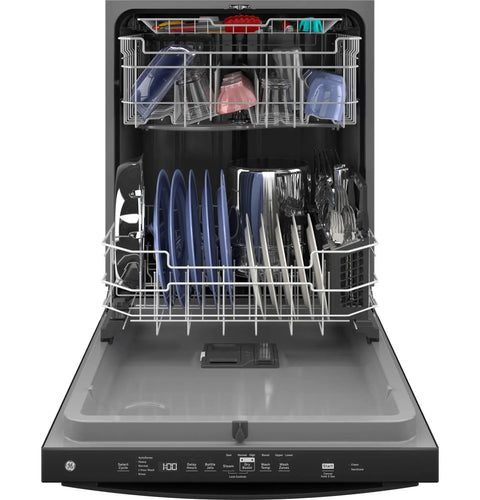 Hella Quiet And Super Spacious Top Control Dishwasher With Plastic Interior And Dry Boost Featuring Third Rack For Utensils And AutoSense Smart Cleaning With Five Wash Cycles Plus Fifty Decibels And Energy Star Efficiency, showcasing loaded dishwasher with plates and utensils.