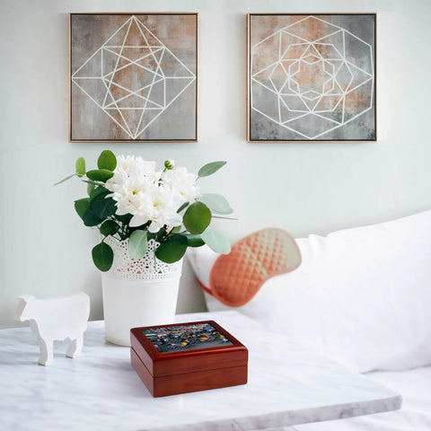 Premium Maple Wood Jewelry Box Featuring A Straight Up Killer Dhaka Rickshaw Street Scene On A Shiny Ceramic Tile on marble table.