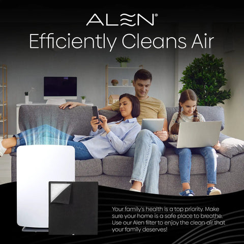 Replacement True HEPA Air Filter For BreatheSmart Classic in living room with family on couch, laptop and tablet in hand