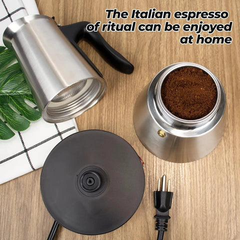 Electric Aluminum Moka Pot For 5 To 6 Cup Espresso Maker With Detachable Base Quick Plug In Home Coffee Barista Vibe on counter