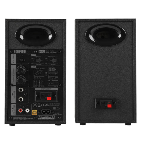 Back view of MR3 Powered Studio Monitors With Hi-Res Audio Certification And Bluetooth 5.4, Black Pair, showing input ports.