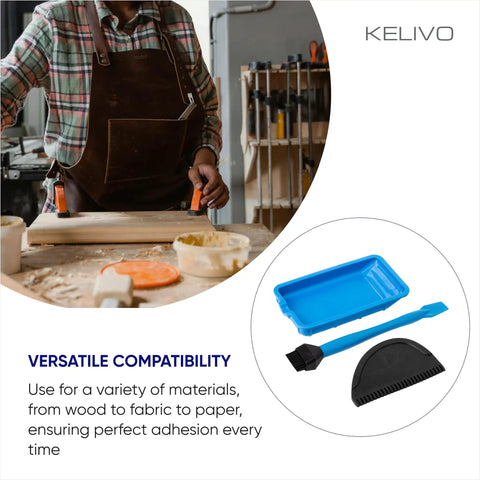 Built Different Non Stick Silicone Glue Brush Set With Tray And Spreader Tool, blue applicator set on woodworking table.