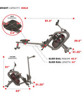 Phantom Hydro Water Rowing Machine With Realistic Water Resistance 60 Degree Tank 16 Hydro Blades dimensions and folding details.