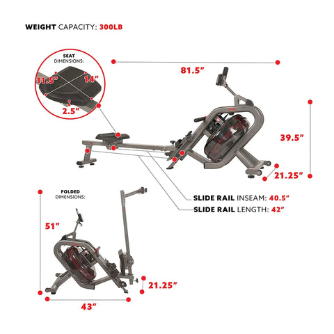 Phantom Hydro Water Rowing Machine With Realistic Water Resistance 60 Degree Tank 16 Hydro Blades dimensions and folding details.