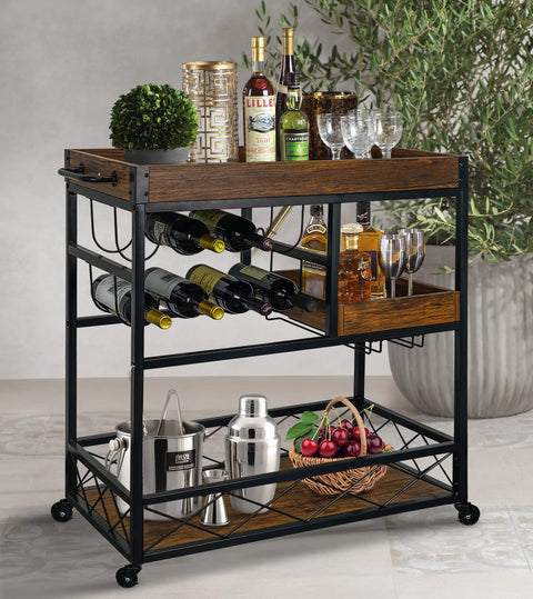 Bar cart by Amazon; black metal frame, wood shelves, 3-tier storage with wine rack and glass holders on casters.
