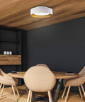 Flush Mount Ceiling Light 15.7 Inch With Opal White Glass Shade, Matte White Aluminum Fixture in dining room setting.