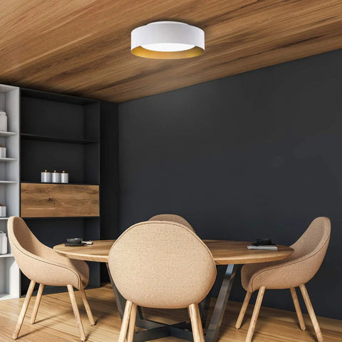Flush Mount Ceiling Light 15.7 Inch With Opal White Glass Shade, Matte White Aluminum Fixture in dining room setting.