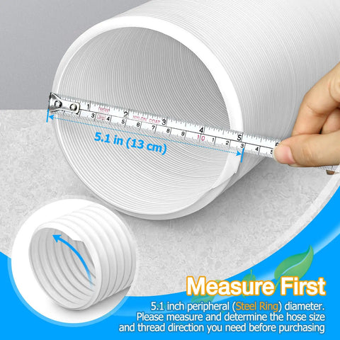 Portable AC Exhaust Vent Hose 5.1 Inch Diameter And 80 Inch Length With Counterclockwise Thread, measured with tape.