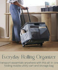 Foldable Utility Cart With Canvas Organizer Bag And Removable Saddlebag For Grocery Runs Tools Books And Office Files Portable Rolling Cart In Black And Grey With Durable Steel Frame And Easy Fold Design shown in home setting.