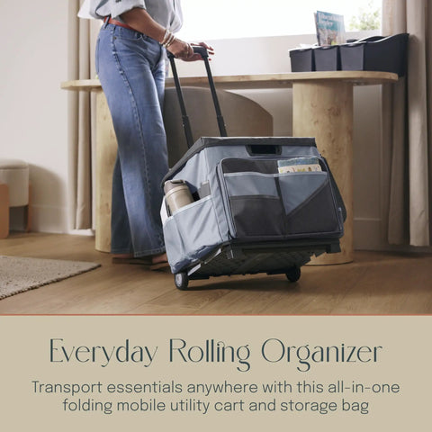 Foldable Utility Cart With Canvas Organizer Bag And Removable Saddlebag For Grocery Runs Tools Books And Office Files Portable Rolling Cart In Black And Grey With Durable Steel Frame And Easy Fold Design shown in home setting.
