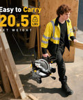 Person carrying Heavy Duty 10 Inch Compound Miter Saw Boasting A Beefy 15 Amp Motor Cruising At 5000 Rpm for easy transport.