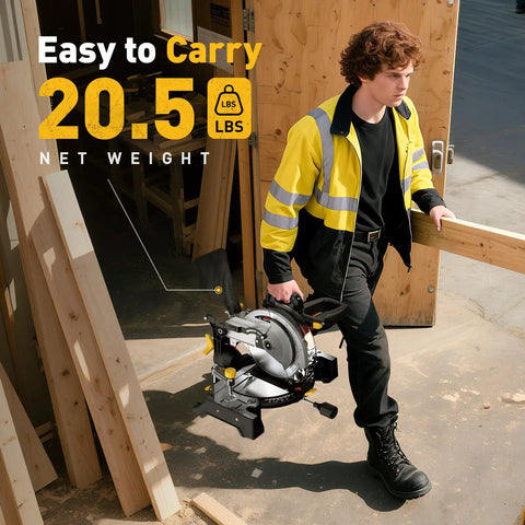 Person carrying Heavy Duty 10 Inch Compound Miter Saw Boasting A Beefy 15 Amp Motor Cruising At 5000 Rpm for easy transport.