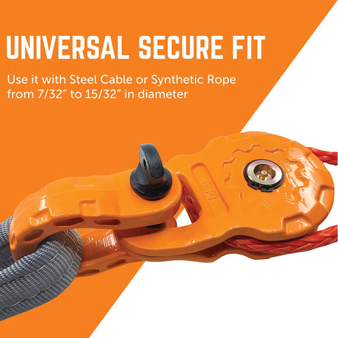 Heavy Duty Snatch Block Pulley 25T Capacity For Synthetic Rope Or Steel Cable Winch Accessory in orange with cable slot