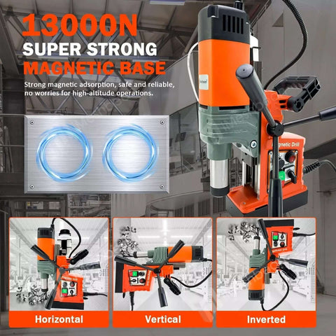 Front view of orange-and-green 1400W magnetic drill press on a strong magnetic base.